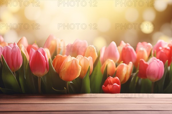 Wooden empty table with pink and orange tulip spring flowers in background. KI generiert, generiert AI generated