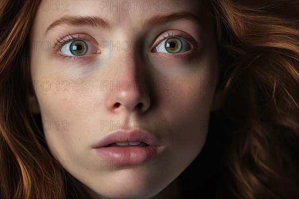 Close up of woman's face with shocked or scared expression. KI generiert, generiert AI generated