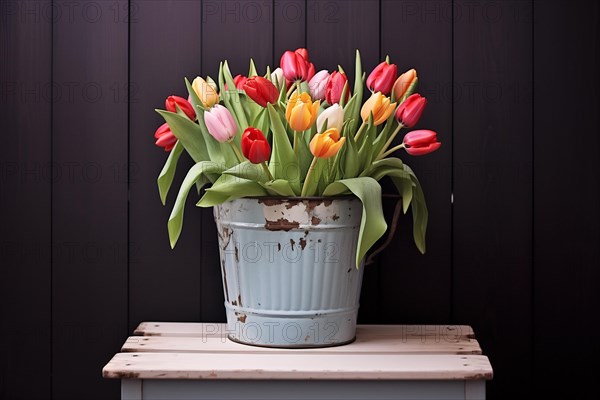 Bouquet of colorful tulip spring flowers in bucket. KI generiert, generiert AI generated