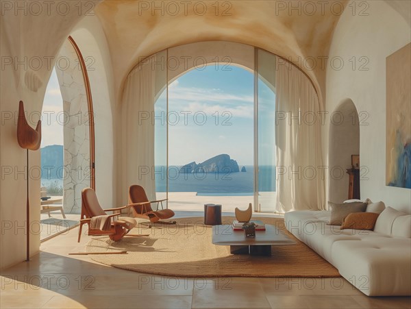 Interior of a house overlooking the Mediterranean Sea in the Balearic Islands in Spain, AI generated
