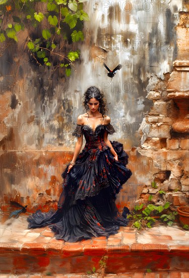 Painting of a Spanish woman with long dark hair, in a black dress with red elements, standing in front of an old villa on a path with burnt bricks, circled by two birds, AI generated, AI generated