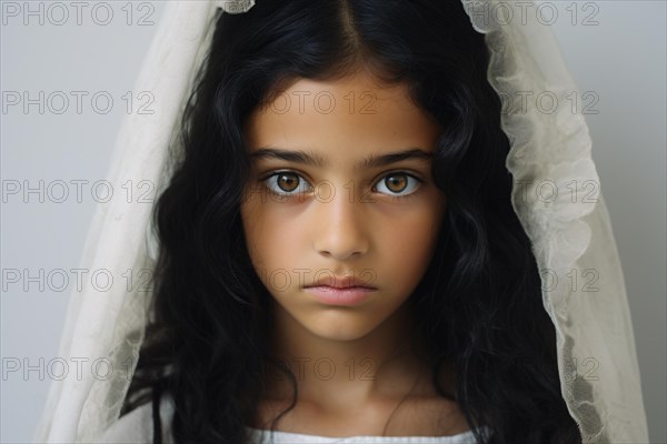 Sad face of young teenage girl with black hair and wedding veil. KI generiert, generiert AI generated