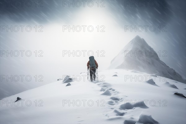 A mountaineer in mountains approaching a majestic snowy mountain peak amidst a snowfall and snow storm. Solitude and determination, adventure and challenge of climbing in extreme conditions, AI generated