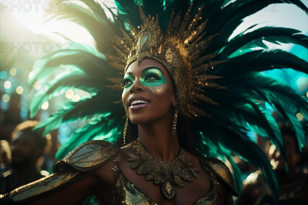 Captivating image capturing the essence of the Rio Carnival, showcasing a dancer adorned in an elaborate, vibrant costume, embodying the spirit and energy of this iconic festival, AI generated