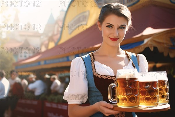 Waitress in traditional Dirndl dress with beer mugs at German Oktoberfest celebration. KI generiert, generiert AI generated