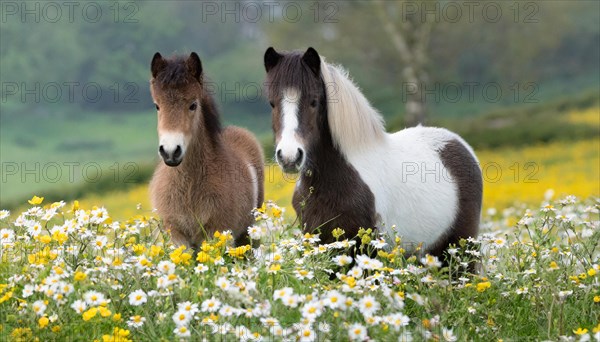 KI generated, animal, animals, mammal, mammals, biotope, habitat, two, flower meadow, foraging, wildlife, meadow, pasture, Exmoor pony, horse, horses, ungulates, English pony breed, South West England, Exmoor, (Equus ferus caballus), foal