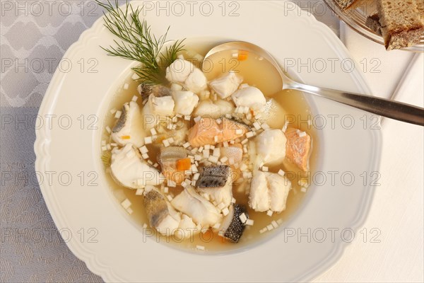 Swabian cuisine, Lake Constance fish pot, fish soup, healthy food, broth, fillet of pike, char, pikeperch, fish leftovers, fish pieces, herbs, dill, soup plate, soup spoon, sliced bread in glass bowl, food, studio, fish dish, cooking, typical Swabian, Germany, Europe