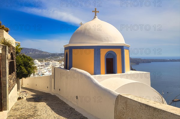 Sea view and Dome of Catholic Church of Saint Stylianos, Fira, Santorini, Greece, Europe