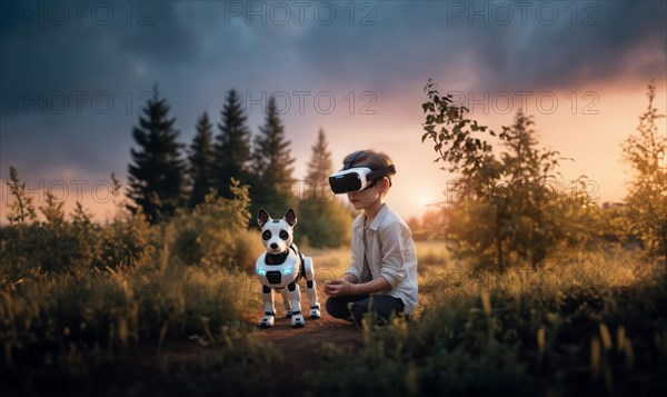 Child in VR glasses with a robot dog in nature. The concept of robotics in children's lives, AI generated