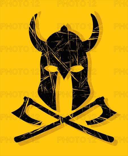 Viking helmet and axe symbol, vector grunge effect