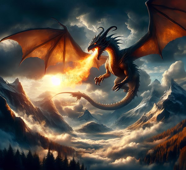 A fire-breathing dragon flies in the sky, symbolic image fantasy, fantasy, fairy tale, myth, fictional, AI generated, AI generated