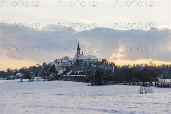 Andechs Monastery in winter, sunset, Fuenfseenland, Pfaffenwinkel, Upper Bavaria, Bavaria, Germany, Europe