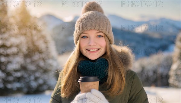 AI generated, human, humans, person, persons, woman, woman, 25, years, one person, outdoor, ice, snow, winter, seasons, drinks, drinking, hat, bobble hat, gloves, winter jacket, cold, cold, coffee, coffee mug, coffee to go