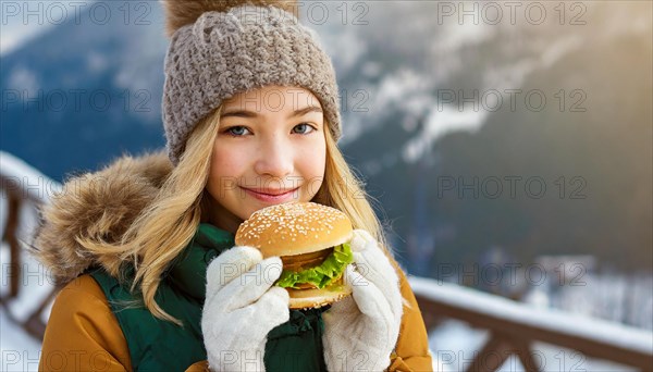 AI generated, human, humans, person, persons, woman, woman, 18, 20, years, one, outdoor, ice, snow, winter, seasons, eats, eating, burger, hamburger, cap, bobble hat, gloves, winter jacket, cold, coldness