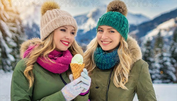 AI generated, human, humans, person, persons, woman, woman, two, 20, 25, years, outdoor, ice, snow, winter, seasons, eats, eating, ice cream, waffle ice cream, waffle, Italian ice cream, cap, bobble hat, gloves, winter jacket, cold, coldness