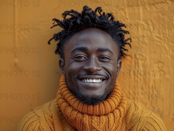 Portrait of a happy student standing in front of a colored background with a trendy sweater smiling, AI generated