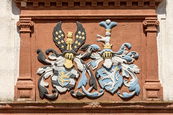 Coat of arms of the County of Ysenburg Buedingen and Isenburg Birstein, relief in sandstone, colourfully painted, portal new bower, Ronneburg Castle, medieval knight's castle, Ronneburg, Ronneburg hill country, Main-Kinzig district, Hesse, Germany, Europe