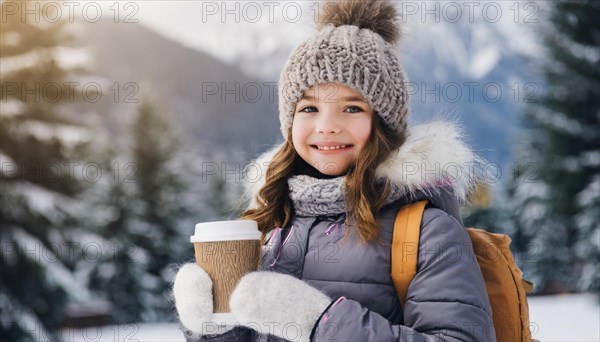 AI generates, human, humans, person, persons, child, children, girl, one person, 8, 10, years, outdoor, ice, snow, winter, seasons, drinks, drinking, coffee to go, coffee, cup, paper cup, hot drink, hat, bobble hat, gloves, winter jacket, cold, cold, backpack, school
