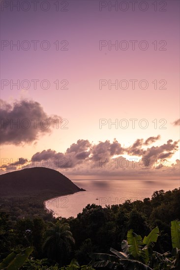 View from a mountain onto an empty sandy beach, the turquoise-coloured sea and the surrounding landscape. The evening sun illuminates the natural surroundings of Grande Anse Beach, Basse Terre, Guadeloupe, the French Antilles and the Caribbean in a unique way at sunset, North America
