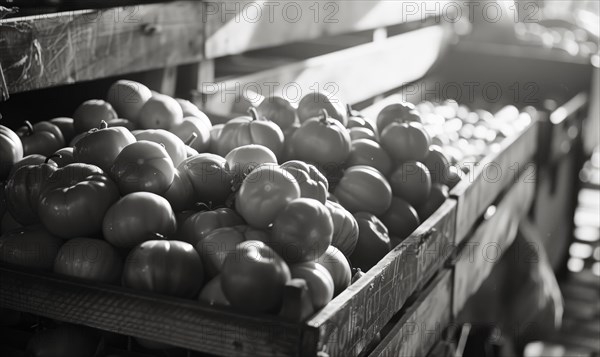 Tomatoes in a wooden box on the market. Black and white AI generated