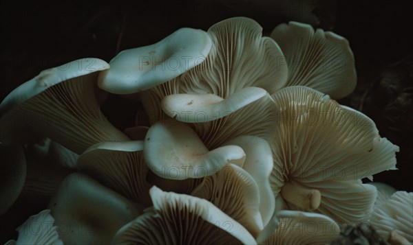 Oyster mushrooms on a dark background. Selective focus. AI generated