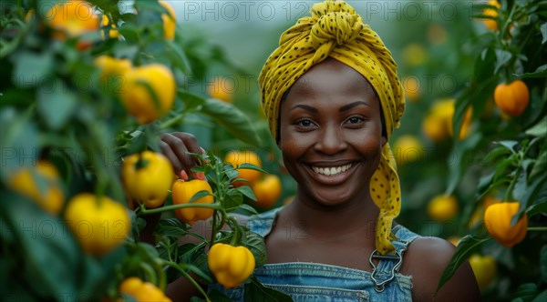 Radiant woman with a vibrant smile amidst yellow bell pepper plants in a greenhouse, ai generated, AI generated