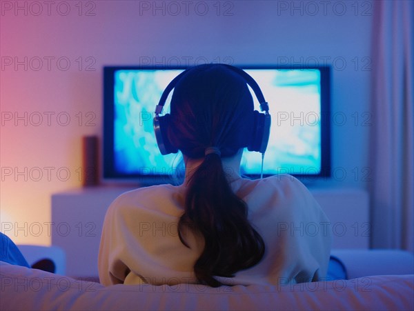 A woman with headphones is watching television in a room bathed in blue light, girl and TV, AI generated