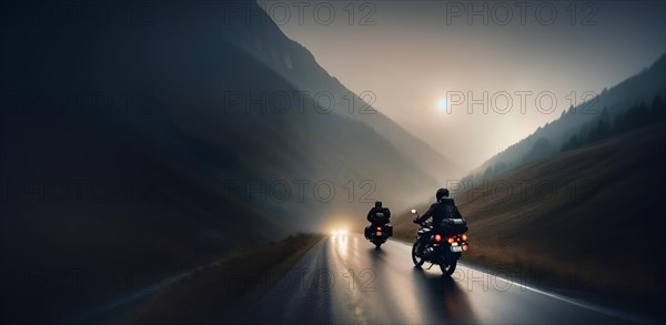Two motorcyclist friends travel on motorcycles with panniers through the mountains at sunset, AI generated