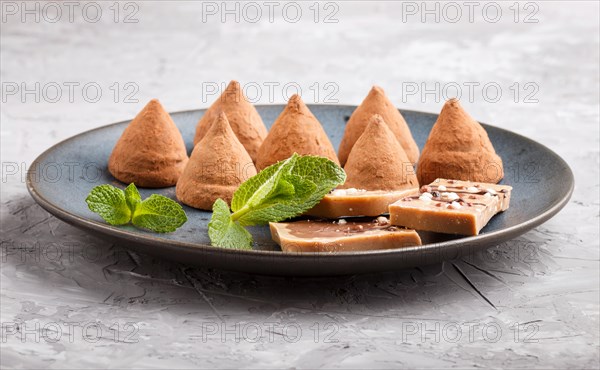 Chocolate truffle on blue ceramic plate on gray concrete background. close up, side view