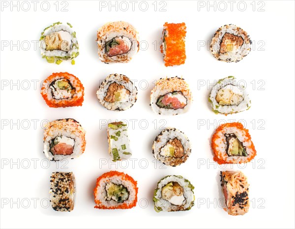 Set of Japanese maki sushi rolls in a rows with salmon, sesame, avocado, cheese and cucumber isolated on white background. Top view, flat lay, close up