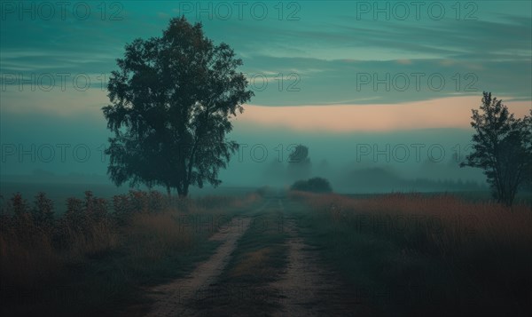 Country road in the misty morning. Foggy landscape with trees and grass AI generated