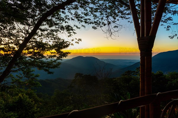 View from Finca Don Gabriel at sunrise, Pluma Hidalgo, Pochutla, Oxaca state, Sierra Madre del Sur, Mexico, Central America