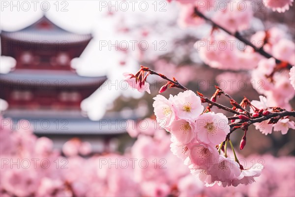 Japanese cherry flower blossom with blurry Asian temple building entrance gate in background. KI generiert, generiert AI generated