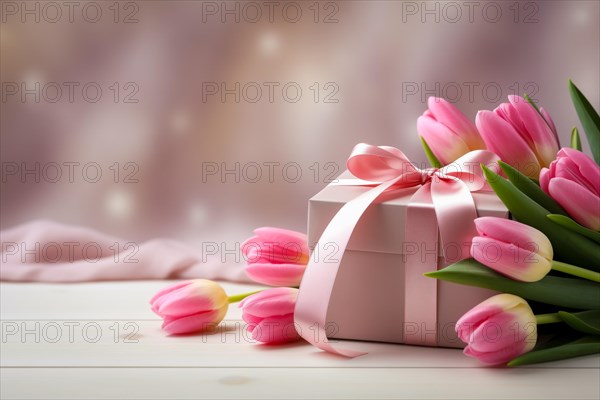 Gift Box with Pink Ribbon Beside bouquet of Fresh Tulips on Bokeh Background. Good for Valentine day, March 8, mother day, spring holidays, birthday designs, AI generated