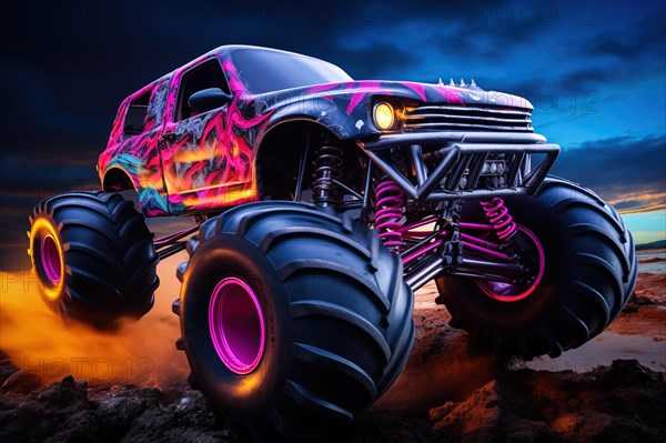 Monster truck illuminated by neon lights, excitement and thrill of an extreme sport and entertainment monster truck stunts racing show, AI generated