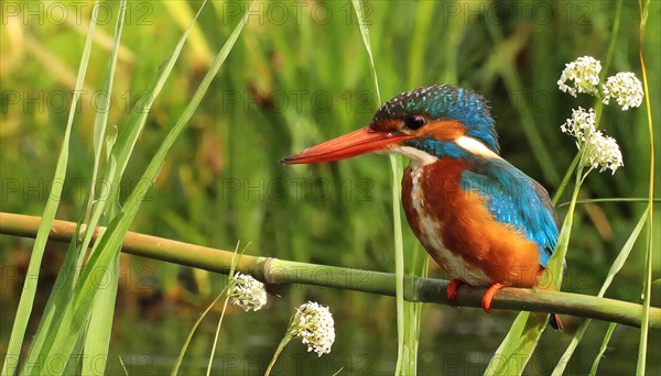 KI generated, animal, animals, bird, birds, biotope, habitat, a, individual, water, perch, reeds, water lilies, blue sky, foraging, wildlife, summer, seasons, white-throated kingfisher (Halcyon smyrnensis)