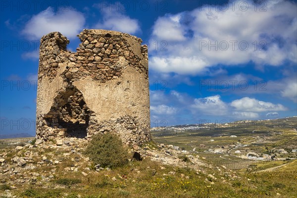 Dilapidated windmill above Emporio, Santorini, Cyclades, Greece, Europe