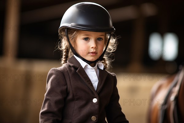 Young girl child in horse riding clothes in riding hall or stable. KI generiert, generiert AI generated