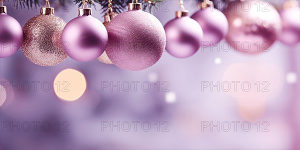 Banner with purple Christmas tree baubles with copy space. KI generiert, generiert AI generated