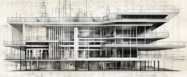 Black and white schematic of a modern multi-story building design, horizontal aspect ratio, off white background, AI generated