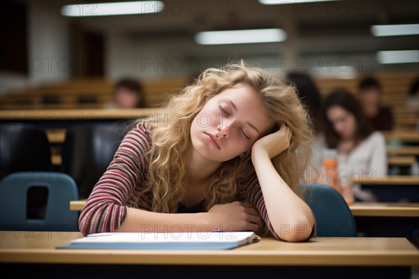 Young tired and overworked student at university falling asleep. Concpt for stress and being overworked as student, KI generiert, generiert AI generated