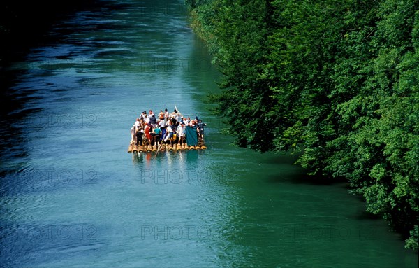 Party on a raft near Munich Bavaria Germany starting from Wolfratshausen, Munich, Bavaria, Germany, Europe