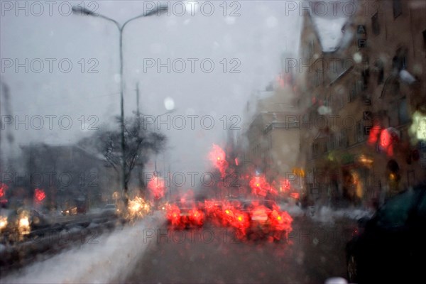 Poor visibility through the windshield in rain and snow, Munich, Bavaria, Germany, Europe