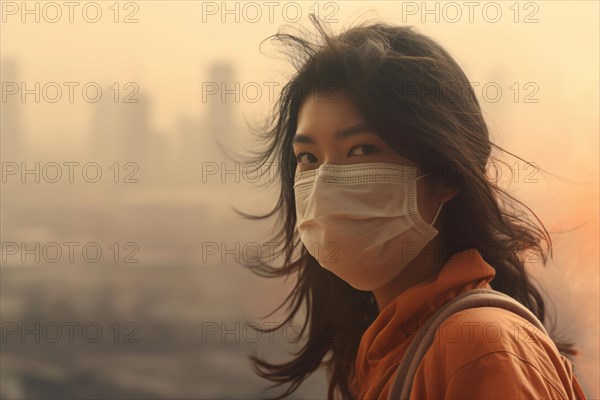 Asian woman covering mouth with medical face mask with blurry city covered in orange smog or sandstorm in background. KI generiert, generiert AI generated