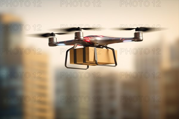 Drone carrying parcel in sky with blurry tall city buildings in background. KI generiert, generiert AI generated