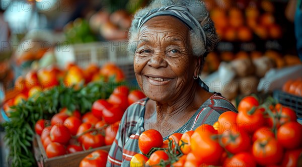 Elderly woman with a warm smile selling fresh tomatoes at a market stall, ai generated, AI generated