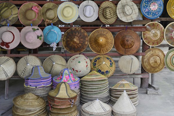 Straw hats on poles, Mingun, Myanmar, Asia