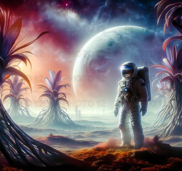 An astronaut stands in the fascinating alien landscape of an alien planet, symbolic image science fiction, space travel, space, space, AI generated, AI generated