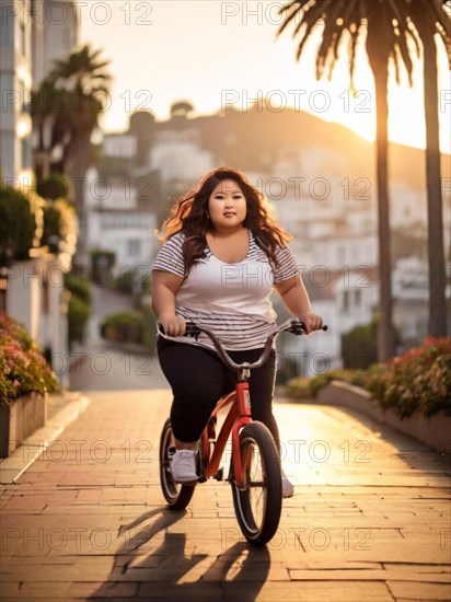 Plus size young female in a striped shirt rides a red bicycle in the city at sunset, with palm trees in the background, San Francisco, Lombard area, AI Generated, AI generated