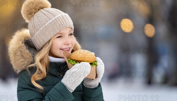 AI generated, human, humans, person, persons, child, children, girl, 10, 12, years, one person, outdoor, ice, snow, winter, seasons, eats, eating, burger, hamburger, cap, bobble hat, gloves, winter jacket, cold, coldness